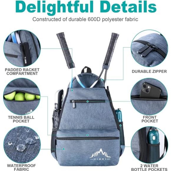 Outdoors Tennis Backpack Tennis Bag -Large Storage Holds 2 Rackets & Necessities - Picture 3 of 7